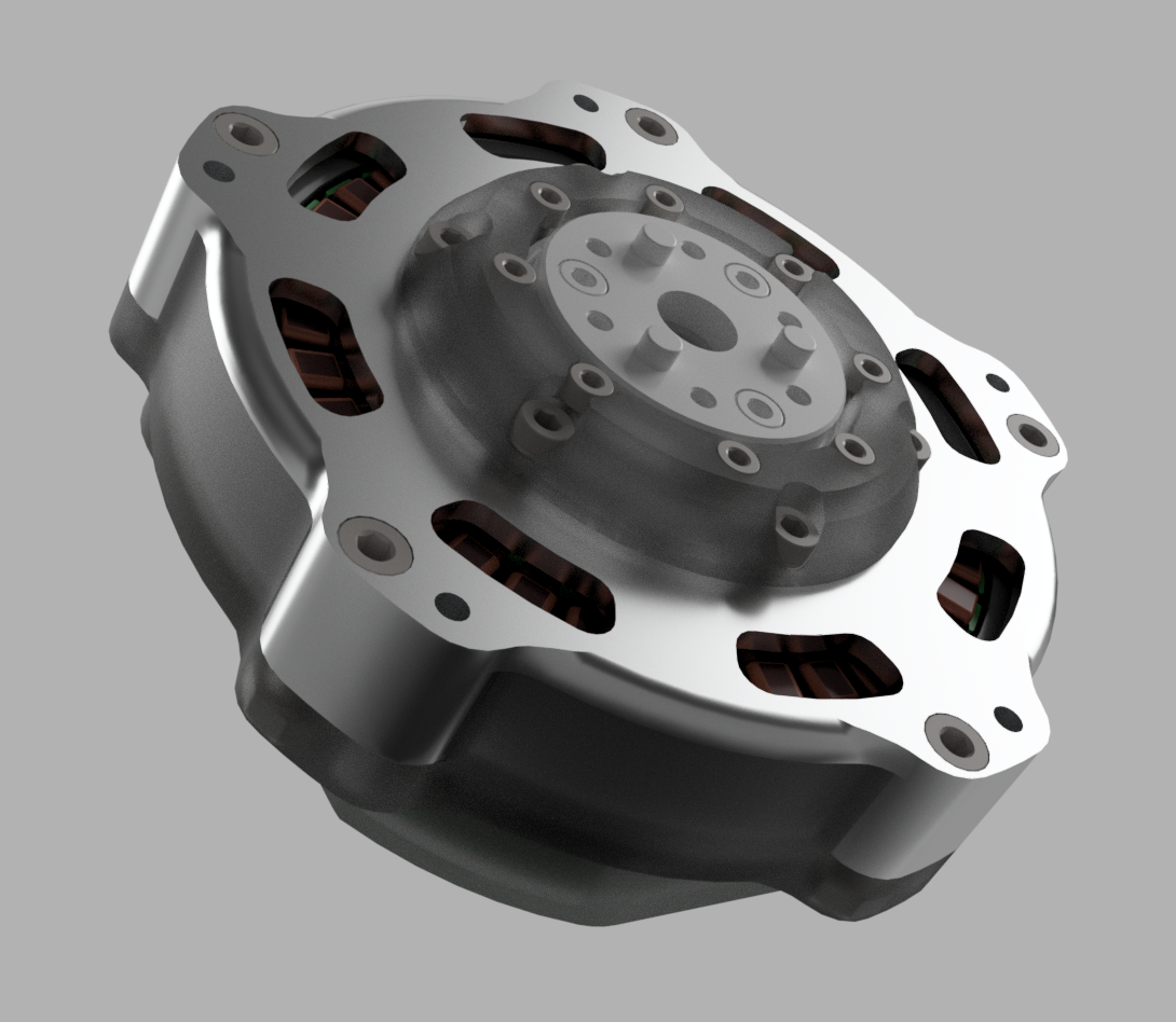 Myo-20 quasi-direct-drive actuator, three-quarter top view showing the geared output flange and copper stator windings